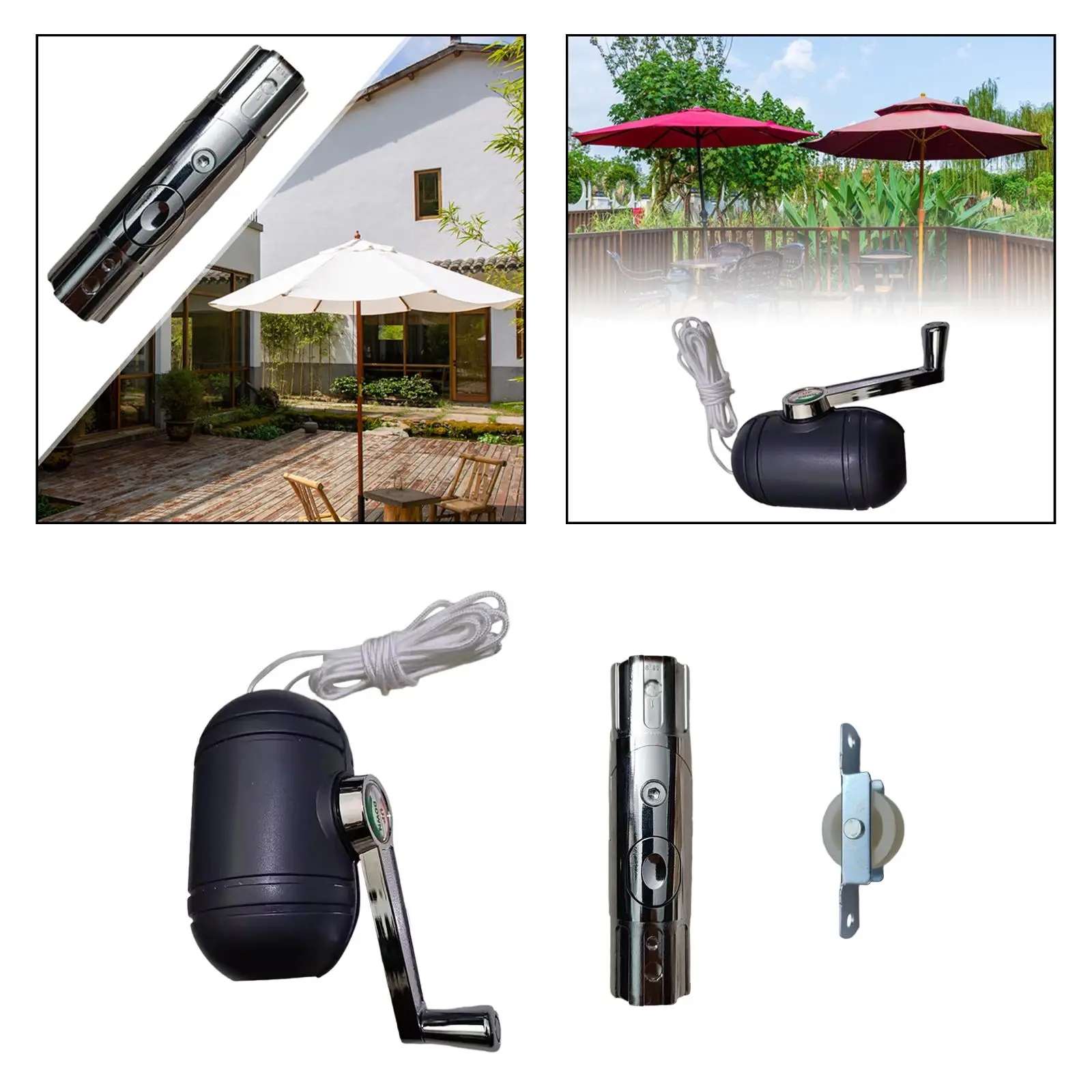 PP Plastic Patio Umbrella Parts Kit with Turning Handle Swivel Head Pulley for Outdoor Parasol Replacement Mount Clamp Beach