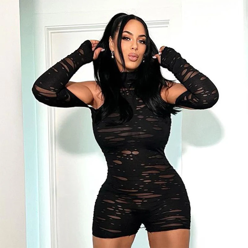 

Hollow Out Mesh Black Long Sleeve See Through Zip Up Sexy Bodycon Playsuit 2023 Fall Fashion Streetwear Sport Romper