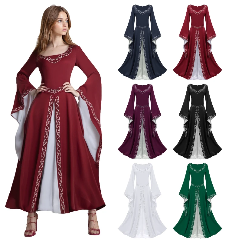 

Medieval Gothic Bell Sleeve Dress Theater-Grade Lace Velvet Gown Women Colorblock Stage Costume for Dark Fantasy Halloween