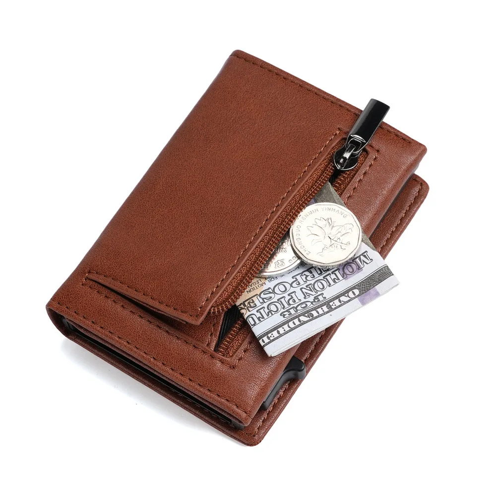 Vintage Man's Short Wallet RFID Aluminum Box Elastic Card Multi Slot Anti Magnetic Card Cover Wallet Card Box Zipper