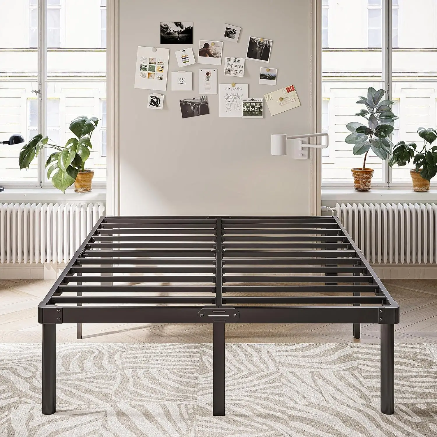 18 inch metal bed frame, large heavy-duty platform bed frame, large boxless spring, easy to assemble, noise free, black