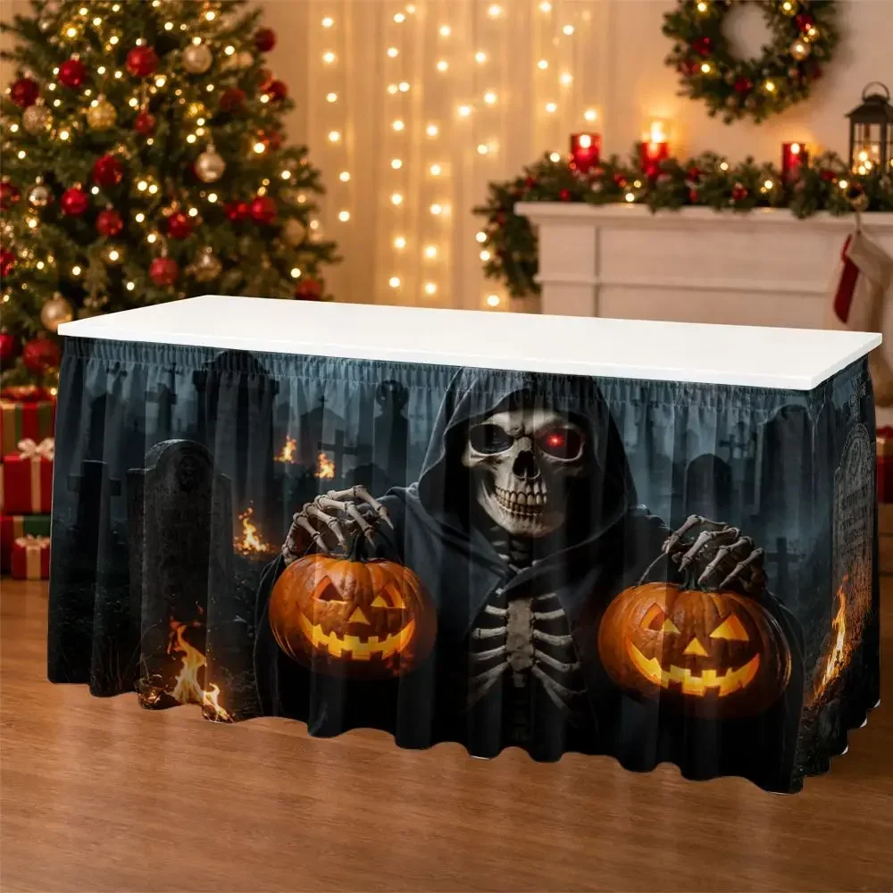 One Halloween tablecloth, a 2D flat design featuring a skull holding two glowing pumpkins.