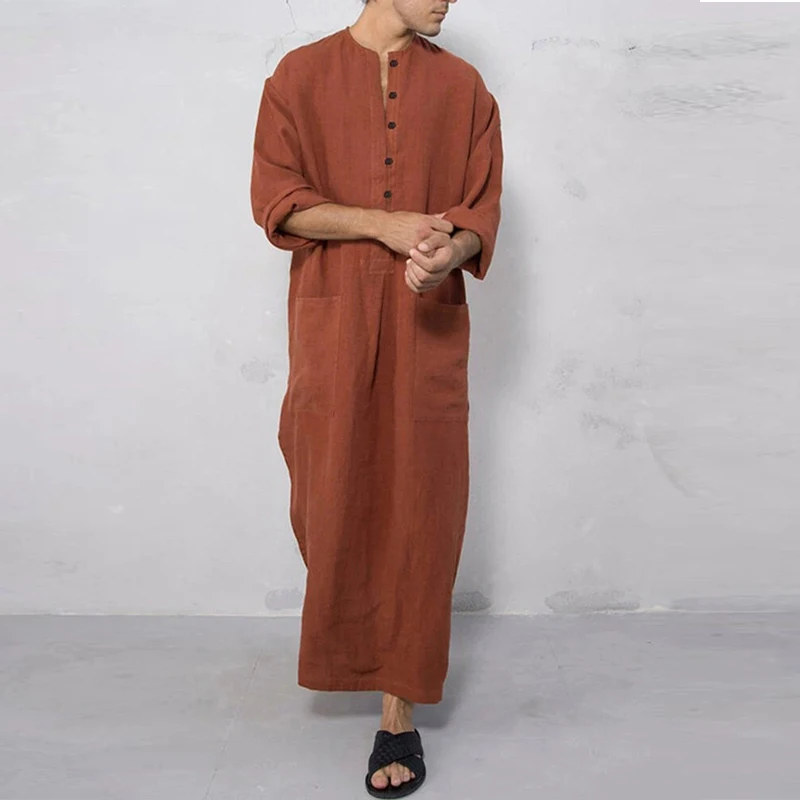 Mรคnner Muslimischen Roben Einfarbig Langarm Baumwolle Taschen Roben Taste-unten Freizeit Vintage Islamischen Arabischen Kaftan Dubai Mรคnnlich neue