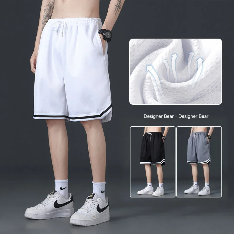 Summer Thin Shorts Men Breathable Mesh Fabric Baggy Basketball Short Sporty Bermuda Running Joggers Sweatpants Knee Length Pants