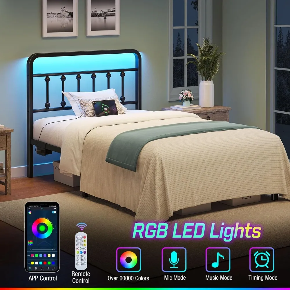 إطار سرير مزدوج معدني مقاس 14 بوصة مع لوح رأسي، ومحطة شحن، وأضواء LED، وتخزين تحت السرير، شديد التحمل، وسهل التجميع باللون الأسود