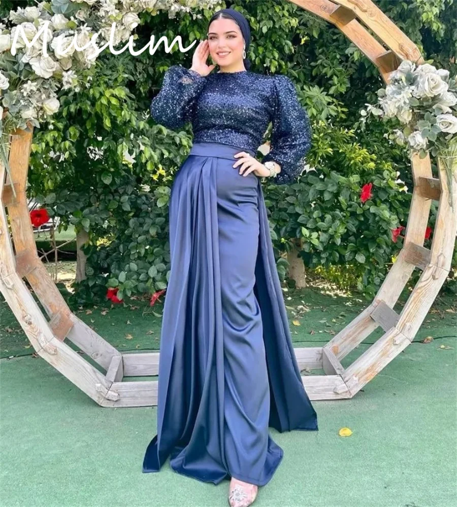 Funkelndes marineblaues muslimisches Abendkleid, elegantes Dubai-Abaya-Pailletten-Abschlussballkleid, langärmelig, saudi-arabisch, islamisch, formell, individuell