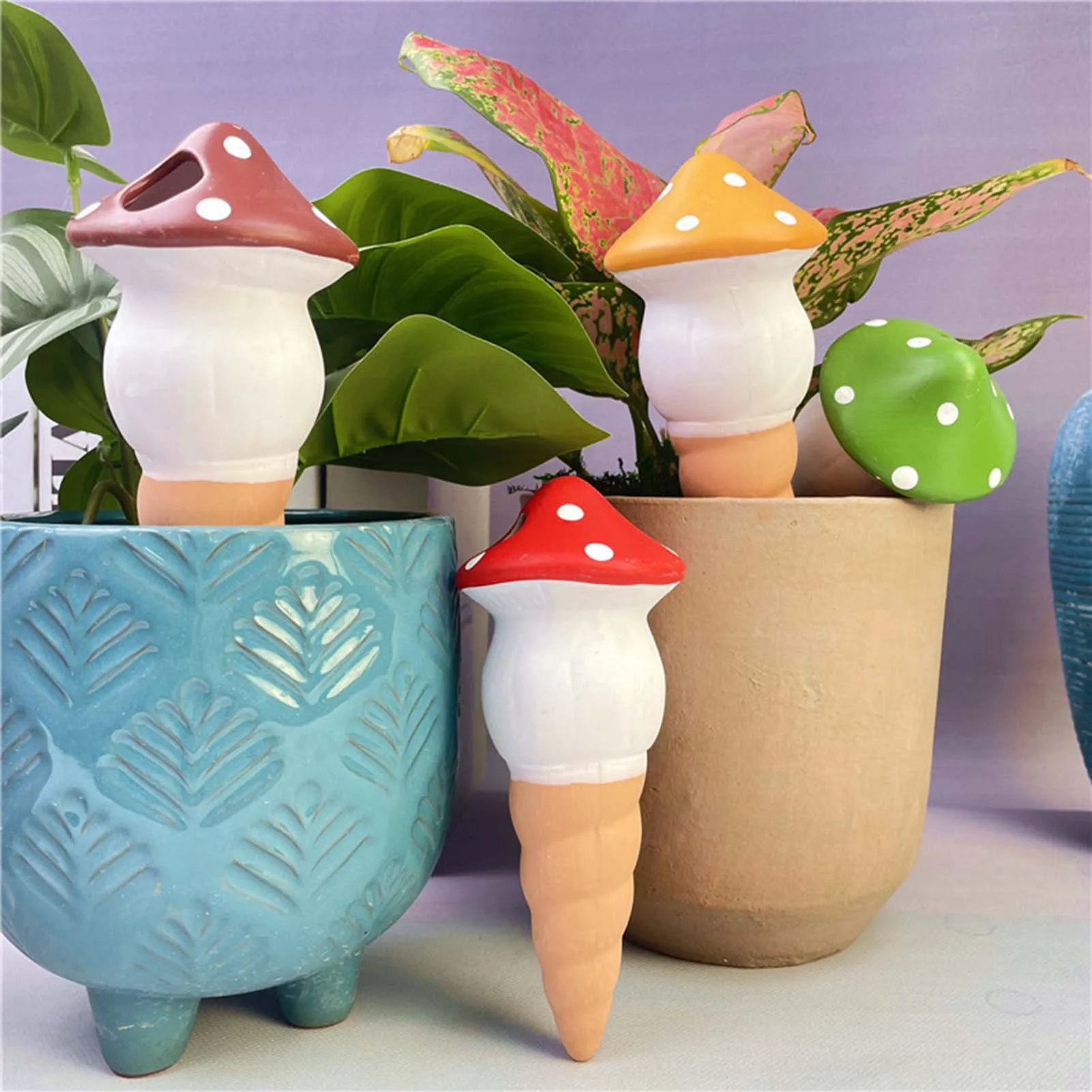 4pcs Mushroom Plant Self Watering Spikes Ceramic Water Bulbs Garden Water Device Birthday Gifts for Plant Lovers