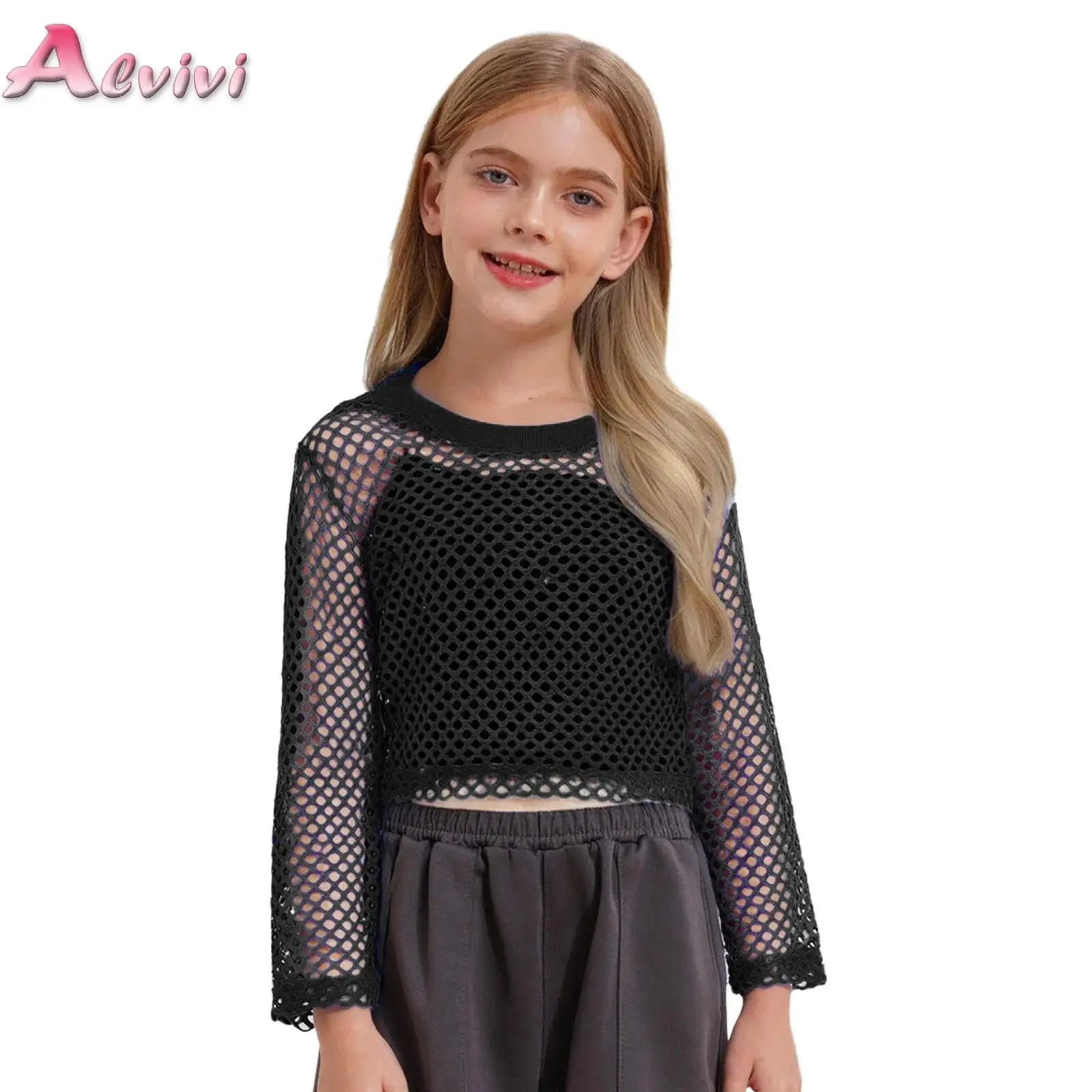 Kids Girls Hollow Out See-Through Fishnet T-Shirt Round Ribbed Neck Long Sleeve Crop Top for Skateboarding Hip-Hop Street Dance