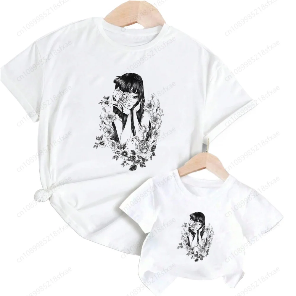 Horror Anime Junji Ito Cartoon Tomie Terror Japanese Manga Tshirt Girls Boys Summer White Tops Short Sleeve Kids Baby T-shirt