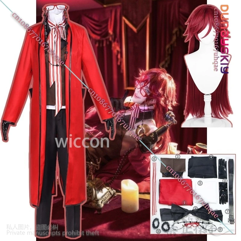 Anime Blackr Butler Cosplay Grell Sutcliff Michaelis Costume Red Butler Uniform Coat Suit Wig Glasses Halloween Christmas Party