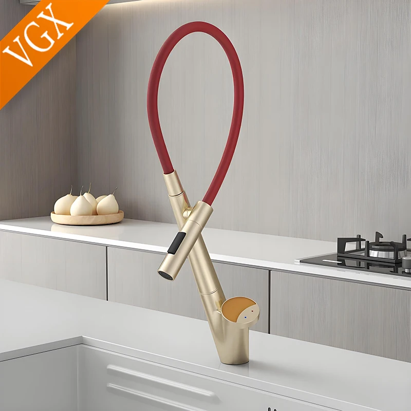 VGX Gold Kitchen Faucet Sink Faucets Rubber Pull Down Stream Sprayer Taps Rotatable Kitchen Mixer Water Tap Hot Cold Crane Brass