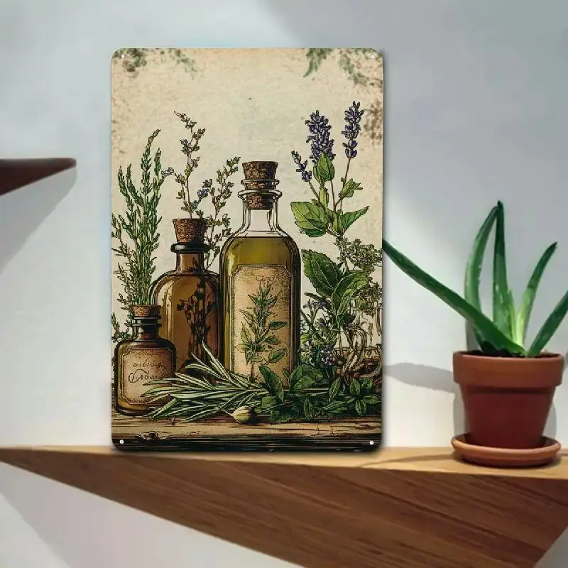 2D Flat Vintage Witch Herbalism Metal Sign, Heavy-Duty Antique Apothecary Decor with Lavender Garlic Amber Bottles