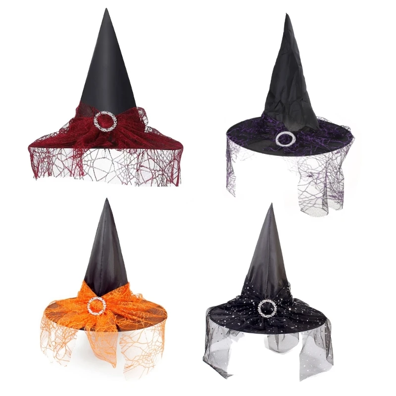 

Witch Hat With Veil Wizard Hat Magican Hat Halloween Props New Year Thick Wrinked Hat Adults Kids Christmas Decorations