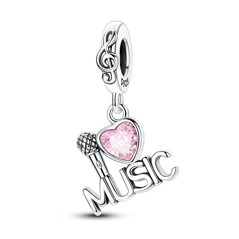925 Sterling Silver I Love Music Charms Bead CZ Zircon Pink Color Heart Dangle Fit Original Bracelet DIY Women Jewelry Gift