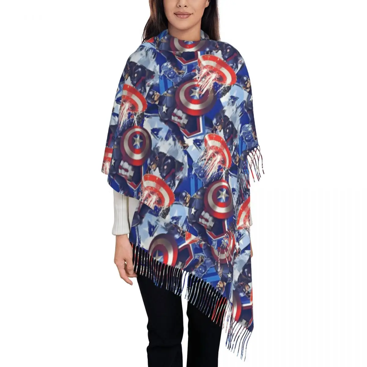 

Шарф на заказ, женский длинный зимний теплый шаль с кисточками, унисекс, шарфы с героями мультфильмов, комиксов, фильм Marvel, шарфы супергероя