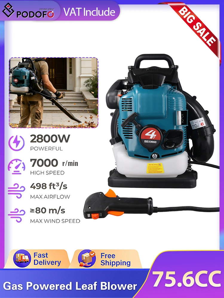 Podofo 75,6 cm³ 2-Takt-/4-Takt-Rucksack-Benzin-Laubbläser, 2,8 kW, 7000 U/min, leistungsstarker Benzin-Laubbläser mit Saugfunktion, 1,9-Liter-Kraftstofftank, vibrationsdämpfender Schultergurt für die