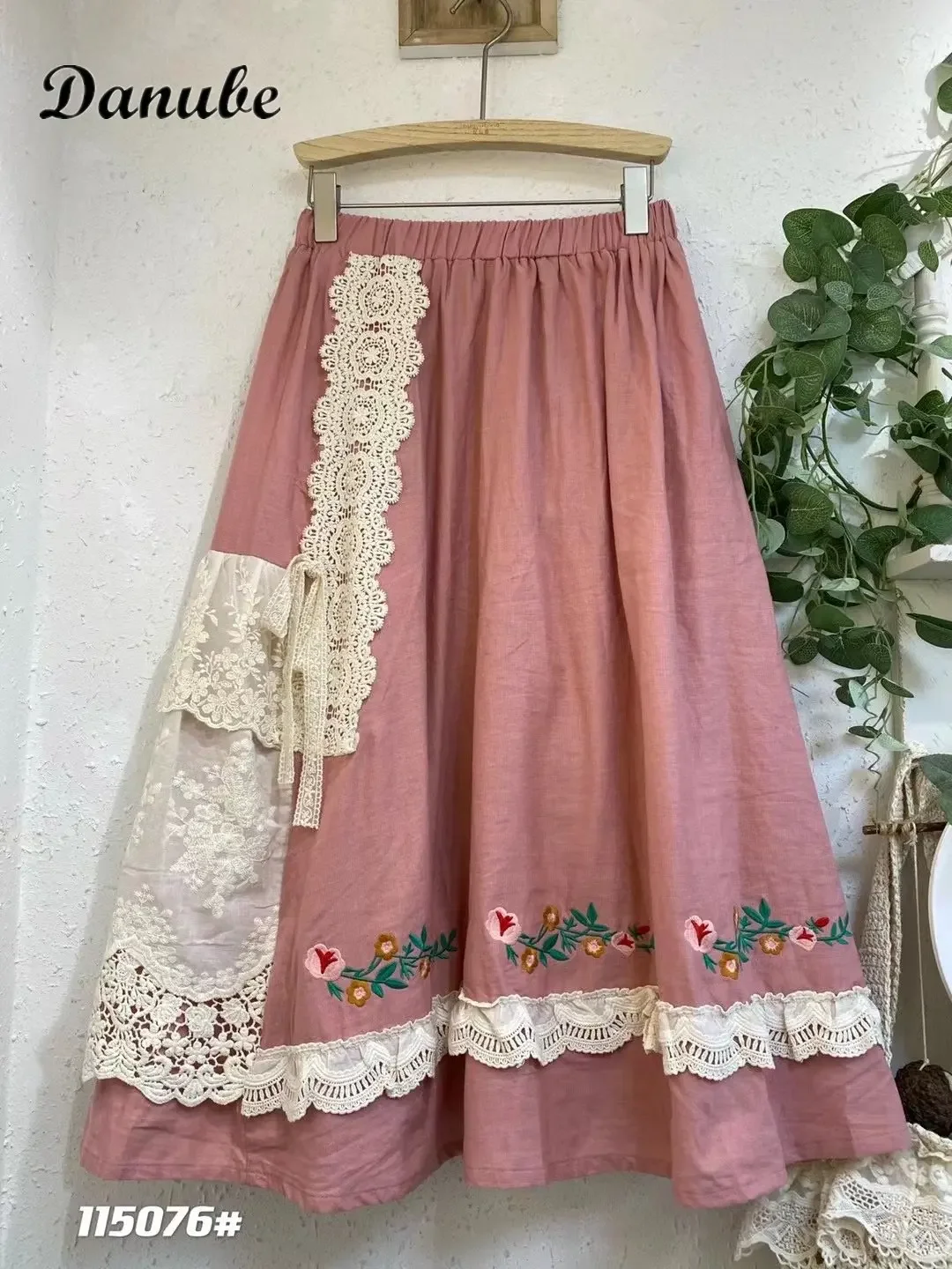 Vintage Embroidery Patchwork Cotton Linen Long Skirt Women Japanese Mori Girl Lace Ruffled High Waist A-line Pleated Skirt mujer