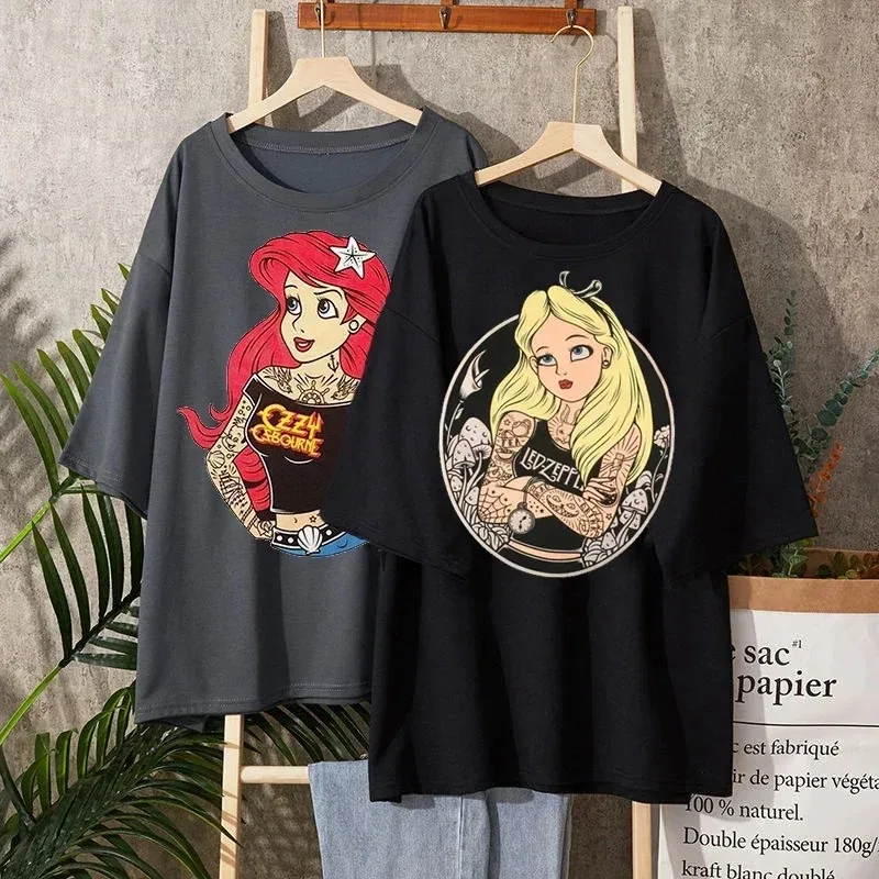 Princess Print Alice in Wonderland Women T Shirt Tops Black Alice Snow White Casual Short Sleeve T-shirt Femme Top Y2K