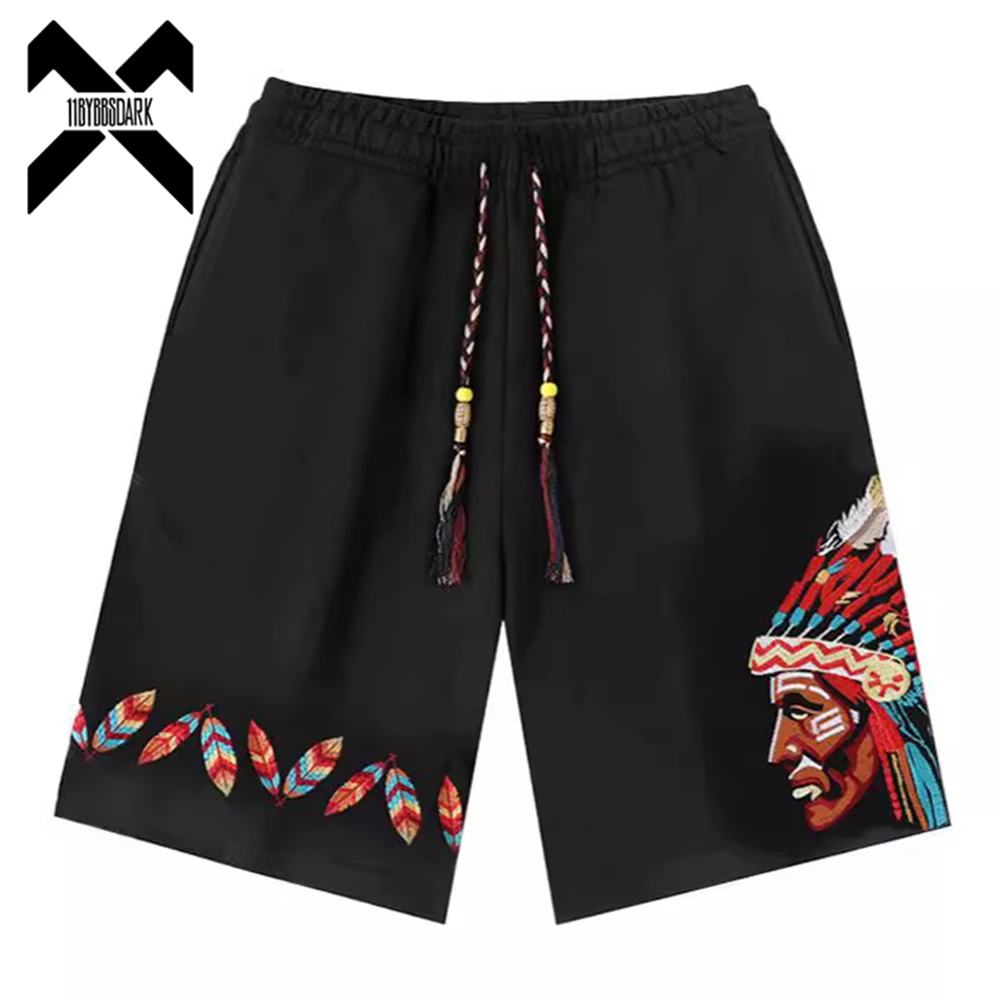 Summer Black Embroidered Shorts Men Feathers Characters Sweatpants Short Pant Loose Streetwear Elastic Waist Knee Length Shorts