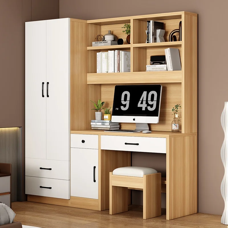 Modern Design Integrated Combination Wardrobe and Writing Desk for Children Small Apartment Home Bedroom with Bookshelf Drawers