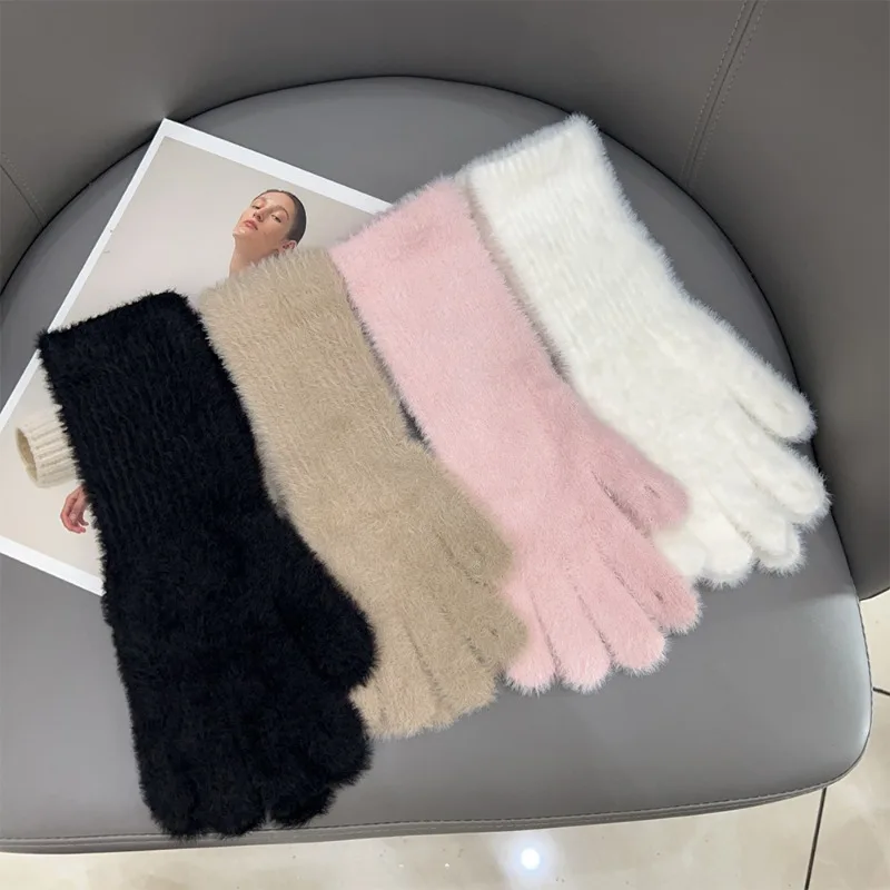 Women Plush Long Five Finger Gloves Mink Velvet Winter Coldproof Elastic Soft Full Fingers Mitten Solid Color Fashion Glove Gift