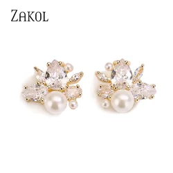 ZAKOL New Irregular Pearl Zircon Stud Earring for Women Elegant Earrings fashion Bridal Wedding Party Jewelry