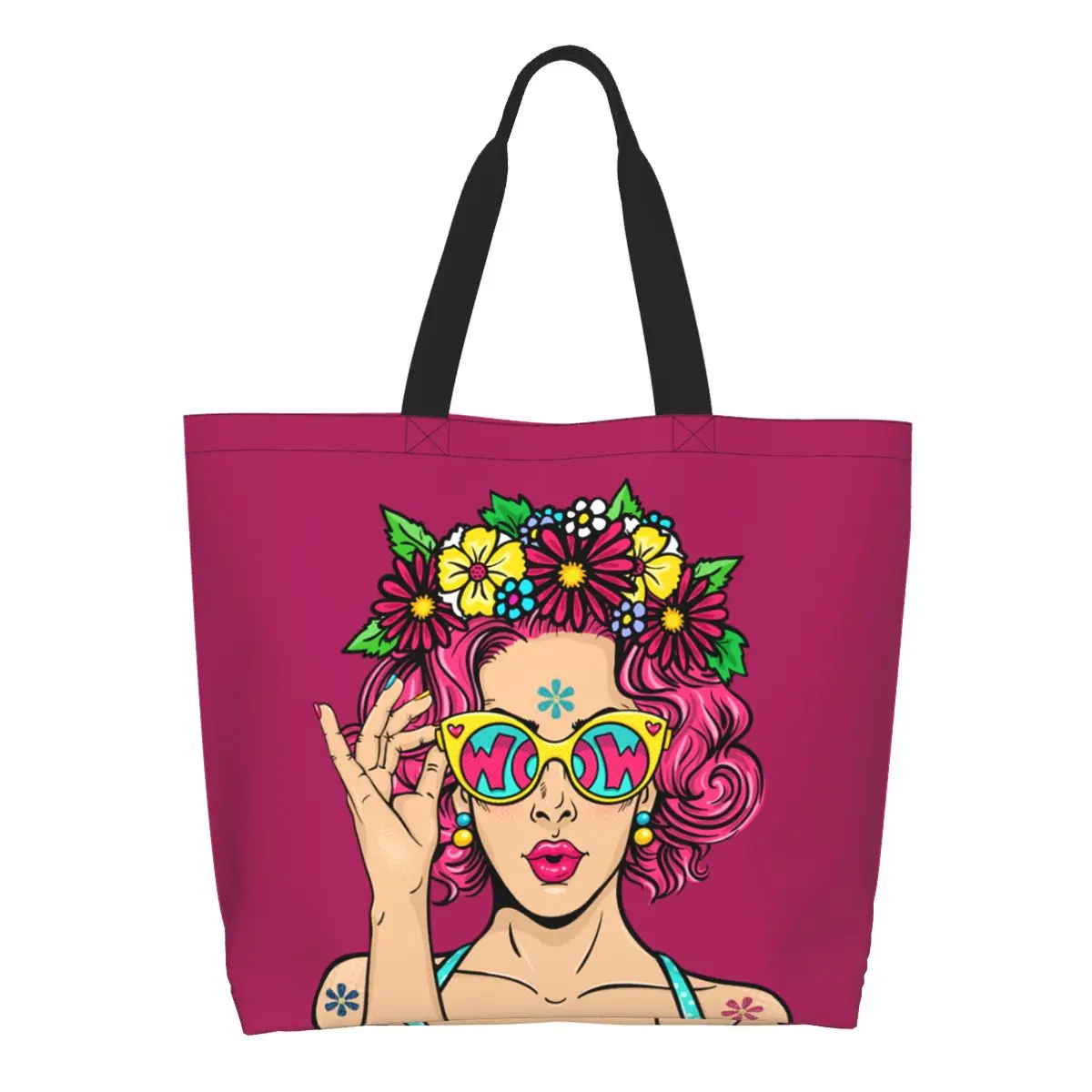 Funny Print Fashion Sexy Lady Kiss Pop Art Shopping Tote Bags Washable Canvas Shopper Shoulder Cartoon Girl Handbag