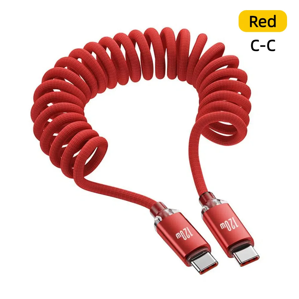 120W USB A/C zu Typ-C Schnellladekabel, Spiralkabel für Auto, Einziehbar, für iPhone 15 16 Samsung Xiaomi USB Typ-C Kabel