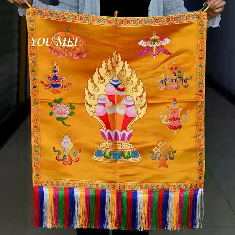 Tibetan-Style Flags Tablecloth,Embroidered Mani Treasure Red and Yellow Alta Pattern Hanging Banner,Buddhist Item Prayer Flag