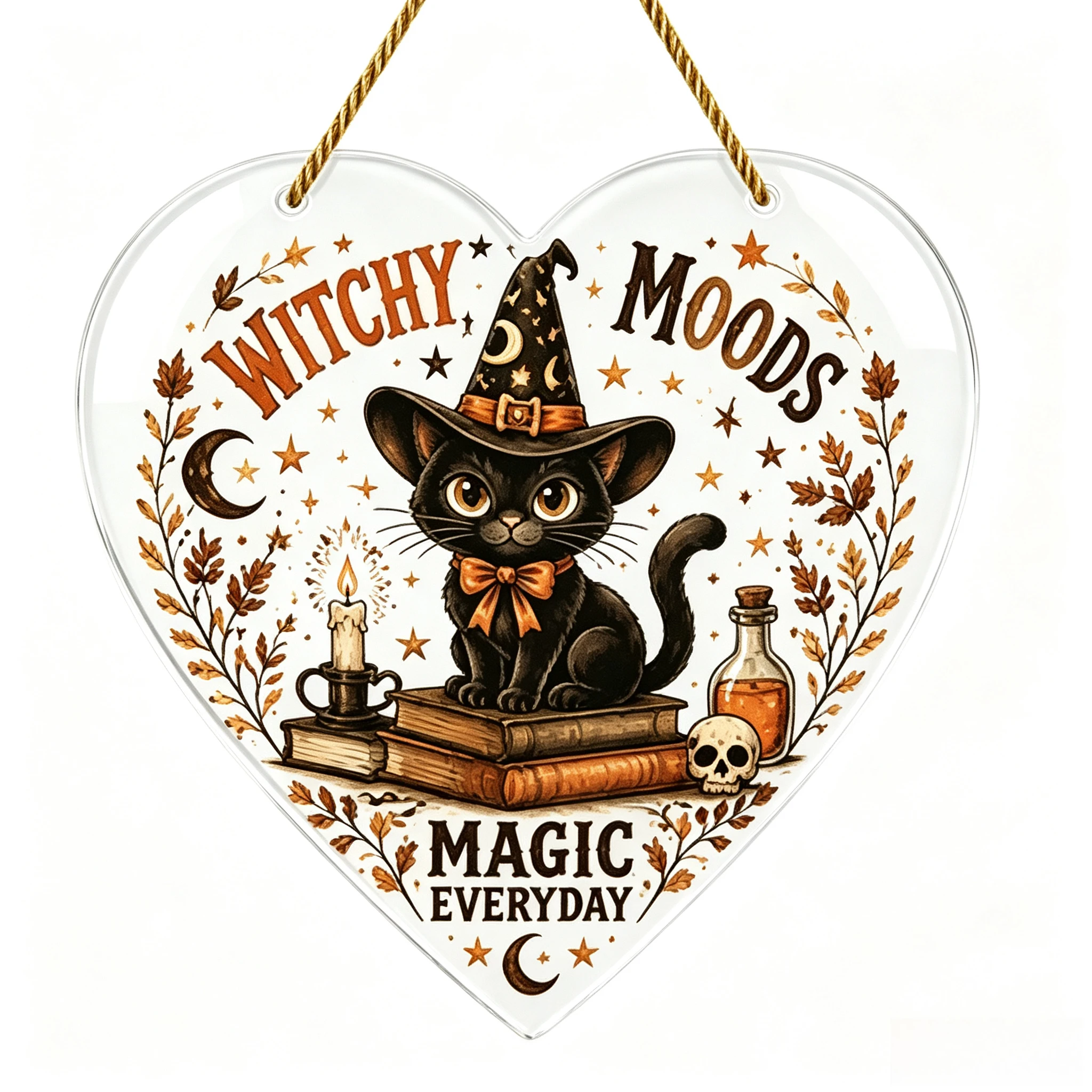 Magic Everyday Cat Heart Door Hanger, Spell Books Candle Potion Bottle Porch Ornament