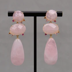 G-G Natural Tender Pink Rose Quartz Gems Crystal CZ Earrings Gold Plated Luxury Classic Teardrop Wedding Jewelry Gifts