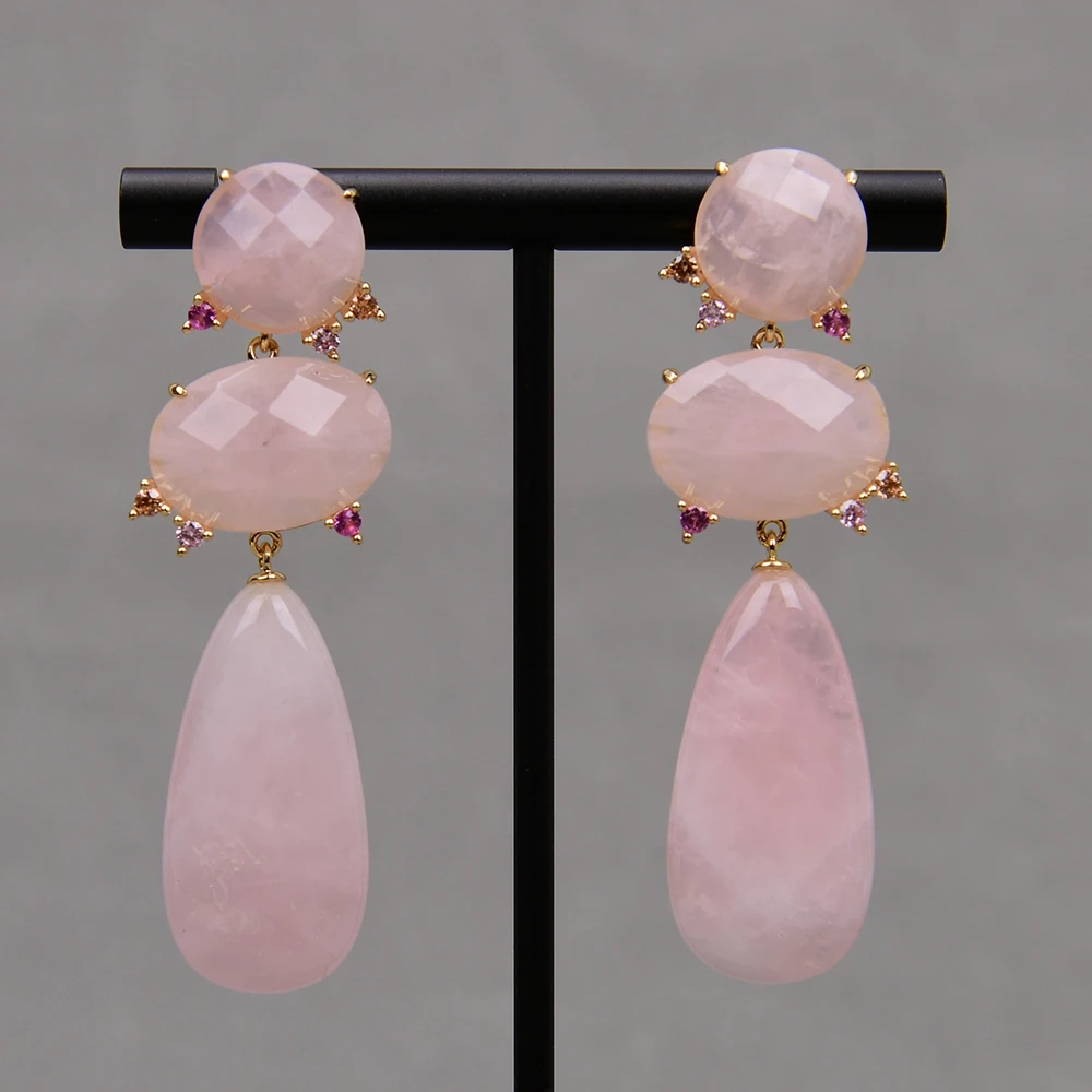 G-G Natural Tender Pink Rose Quartz Gems Crystal CZ Earrings Gold Plated Luxury Classic Teardrop Wedding Jewelry Gifts