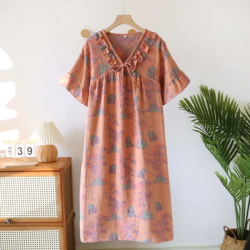 Sleepwear Women's Pajama Dress Short Sleeve Pure Cotton Floral Nightgown For Sleeping Summer Home Wear Loose Night Dress 4