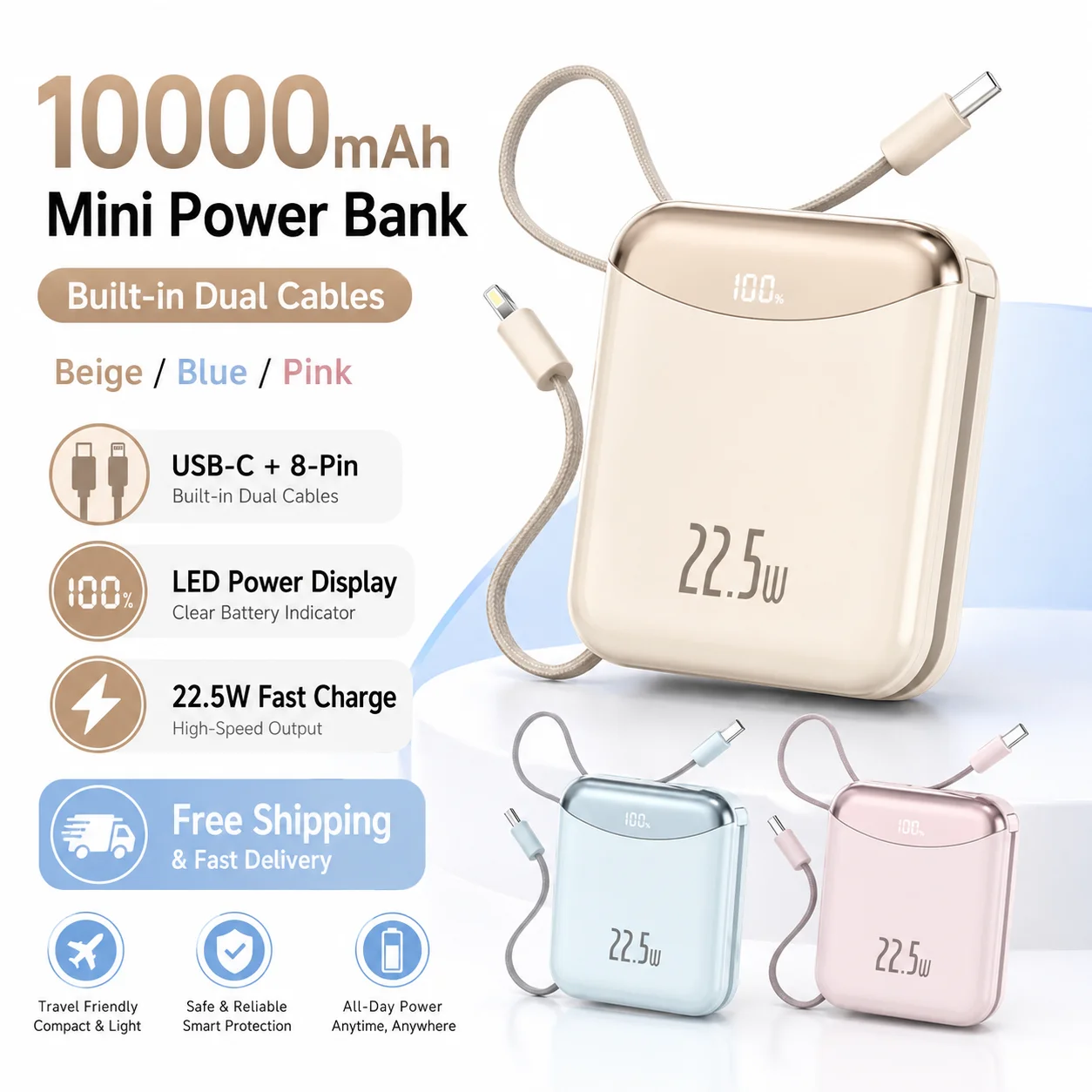 10000mAh Fast Charging Mini Power Bank with Built-in USB-C & 8-Pin Cables, LED Digital Display, Compact Portable Charger