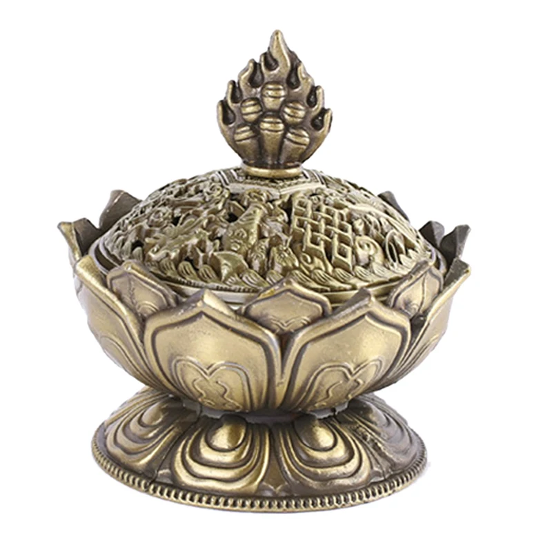 Lotus Incense Smoke Cone Aroma Burner Holder Stove Backflow Censer Decor-Bronze