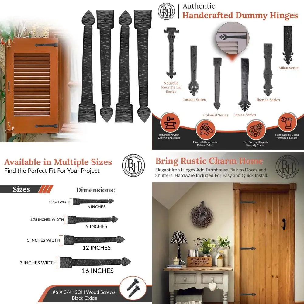 

Black Faux Strap Hinges Set of 4 - Rustic Iron Dummy Hinges for Farmhouse Shutters, Carriage Doors, and Decorative Accents