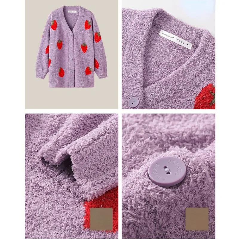 2023 New King Size Winter Coral Fleece Pajamas Women\'s Loose Sweet Strawberry Homewear Set V-neck Cardigan Warm Loungewear