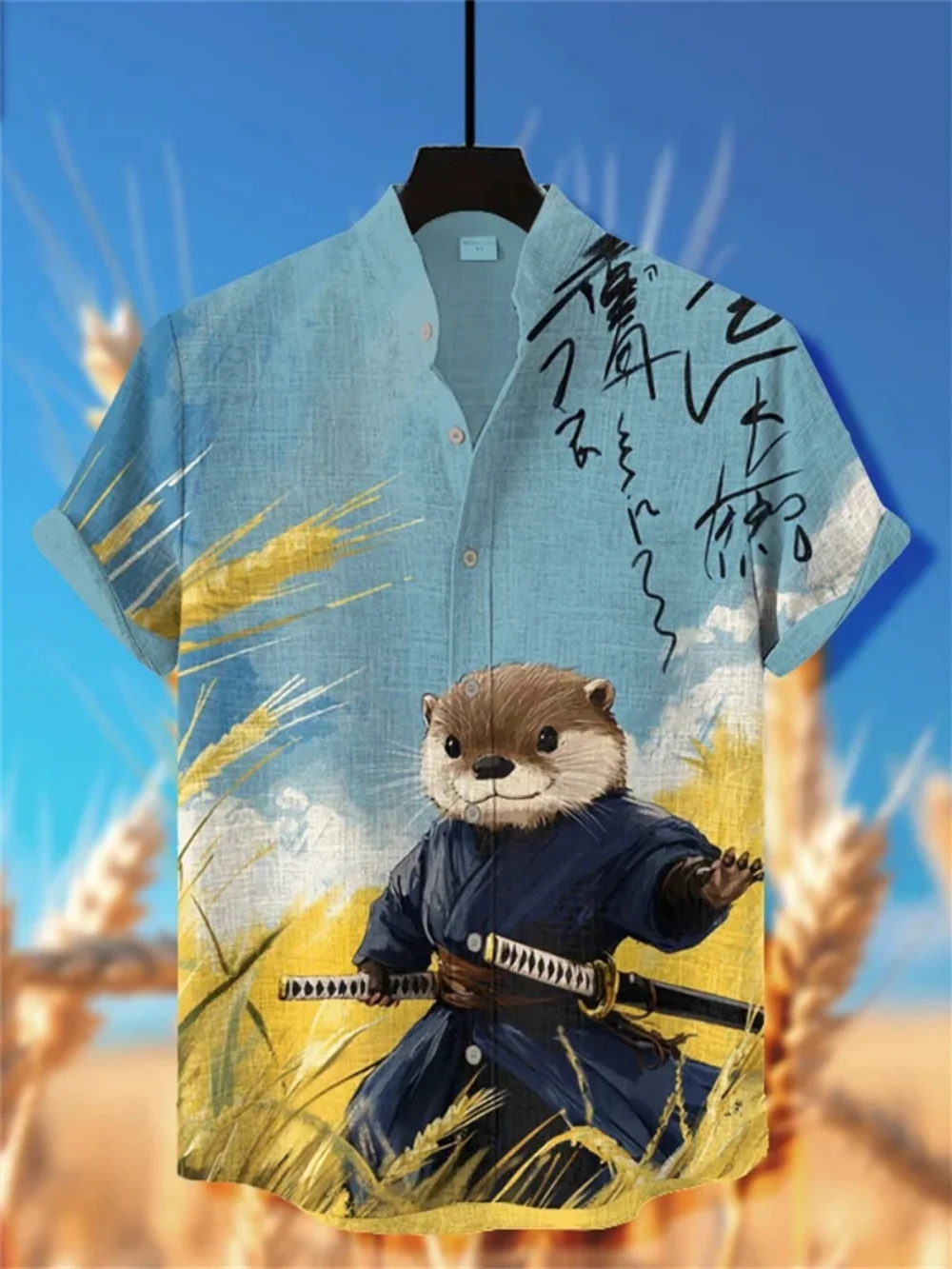 

Men's Fashionable Animal Element Printed Linen Shirt Short Sleeve Button up High-Quality Stand up Collar Casual Wear