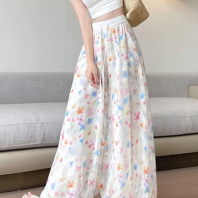 Floral Chiffon Banded Wide-leg Pants Women Summer Thin Waist High Casual Skirt Pants Petite Size
