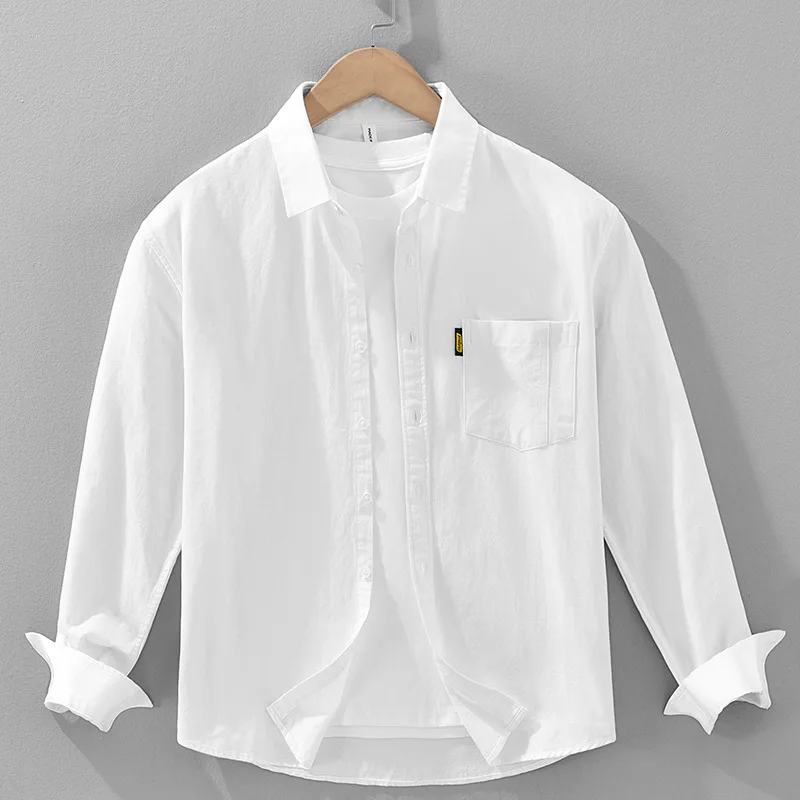 

Men Japanese Style Fresh Washed Cotton Long Sleeved Shirt Male Fashionable Artistic Casual Pocket Label Youth Top Trend Cloth