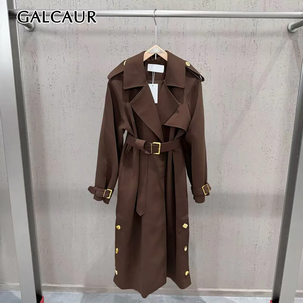 GALCAUR Button Spliced Belted Slimming Coat for Women Lapel Long Sleeve Patchwork Double Breasted Epaulet Long Jacket Female New