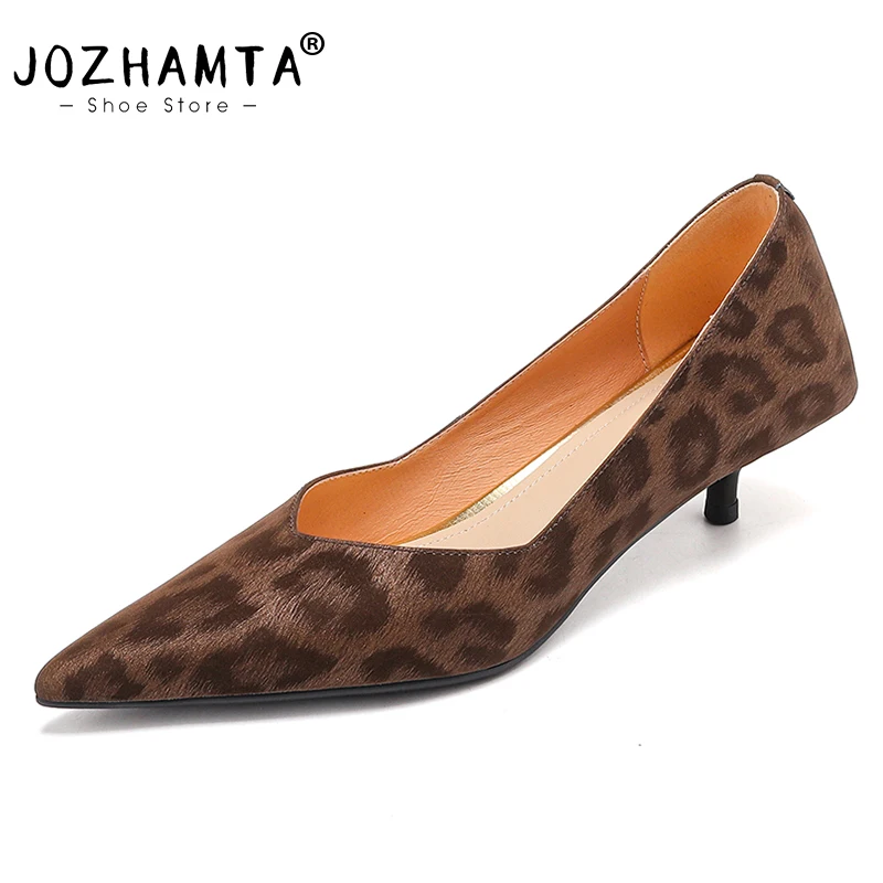 JOZHAMTA Elegant Pumps For Women Real Leather Leopard Sexy Thin Mid Heels Shoes Ins Spring Pointy Toe Party Office Size 33-40