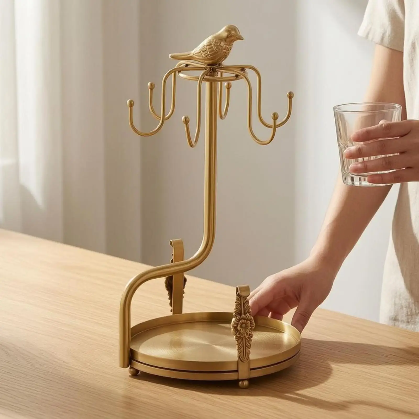 brass-cup-rack-bird-top-household-organizer-curved-curved-holders