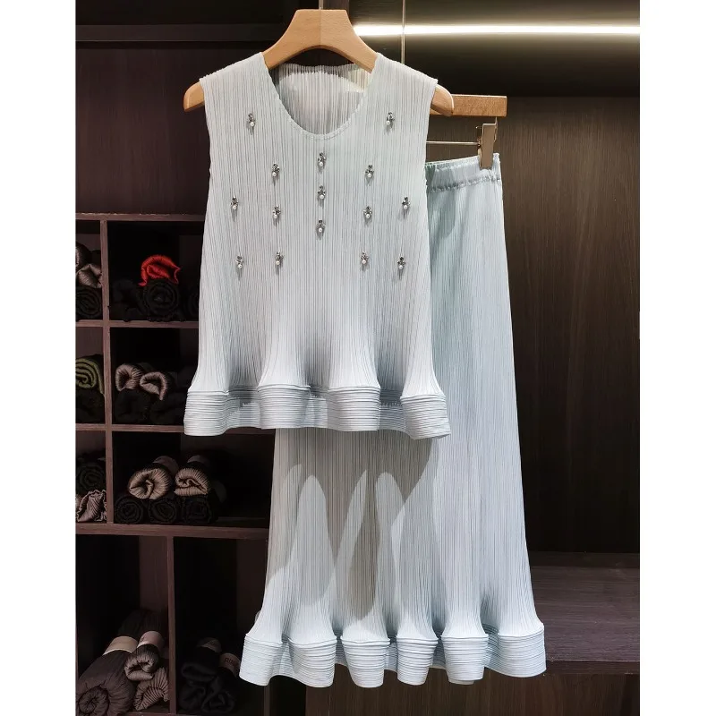 Miyake Pleated Skirt Set Plisse Women 2026 Summer New Sleeveless Top Ruffled Hem+Large Hem Skirt 2-Piece Set Slim  Age-Reducing