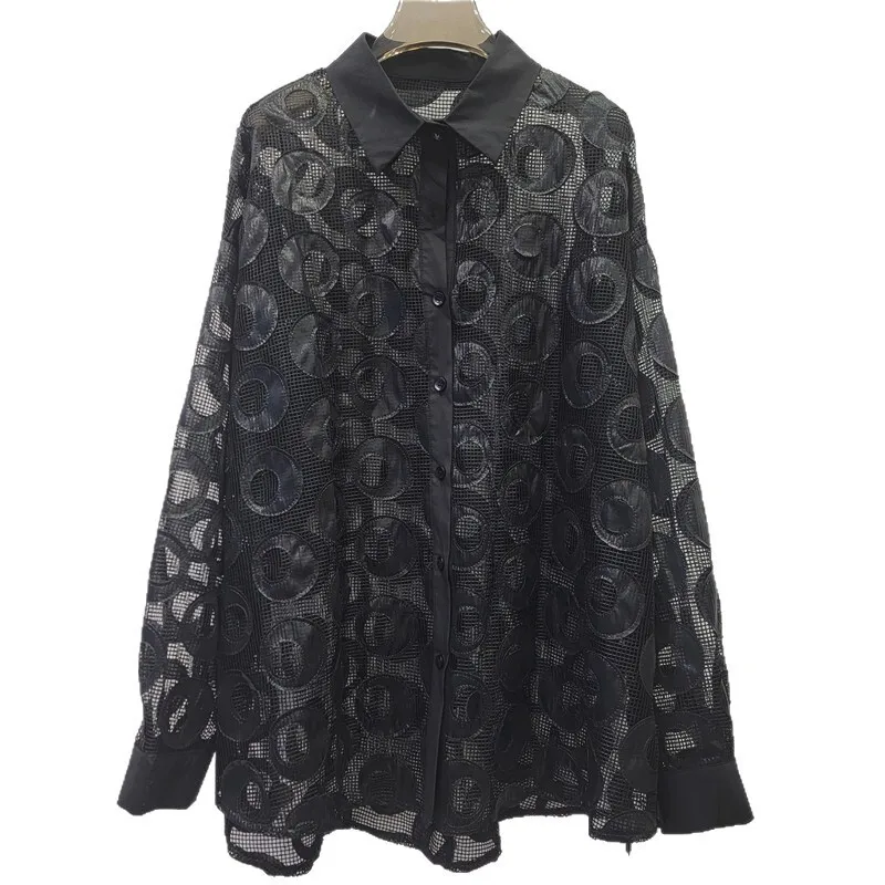 HKSH Spring Autumn New Women Shirt Single Breasted Long Sleeves Turn-down Collar Sheer Mesh Hollow Out Sexy Trend Blouse HK16859