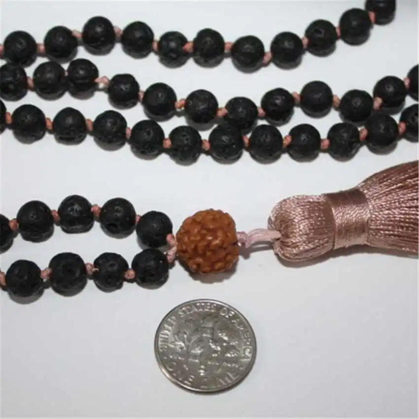 Natural Lava Rock 108 Beads Mala Necklace with Rudraksha Accent & Beige Tassel Spiritual Aromatherapy Jewelry view 5