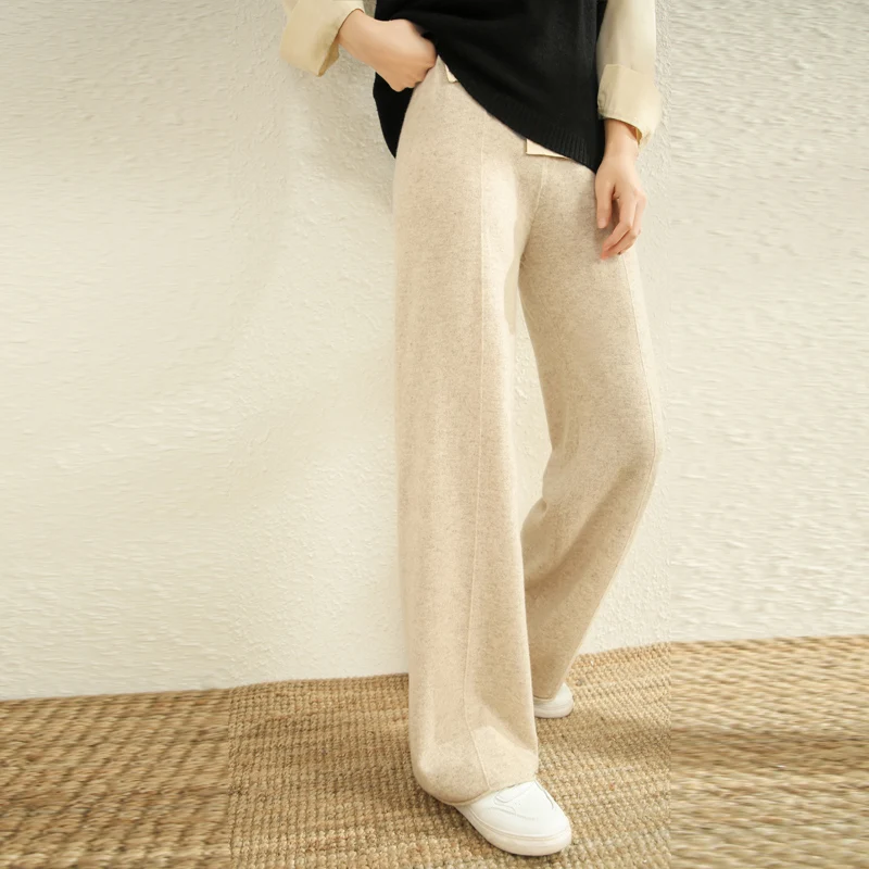 

Women's Wide Leg Pants 100% Merino Wool Knitted Soft Comfortable Solid Simple Trousers Autumn Winter Warm Lady Office Pants