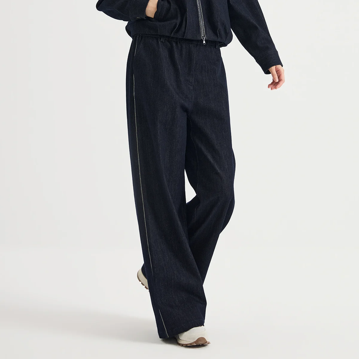 KX9623982 Women's Refined Cotton Stretch Denim Wide Leg Trousers Lurex Side Chain Stripe Elasticated Waist Casual Elegant Autumn