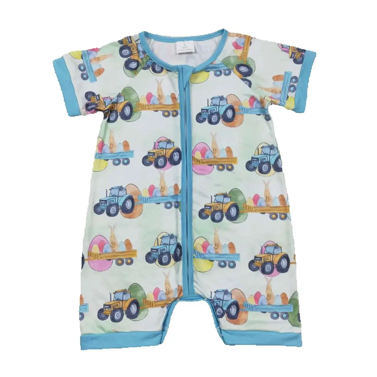 

Wholesale Easter Baby Boy Short Sleeves Rabbits One-piece Newborn Tractor Eggs Children Kids Toddler Blue Zipper Romper Clothes