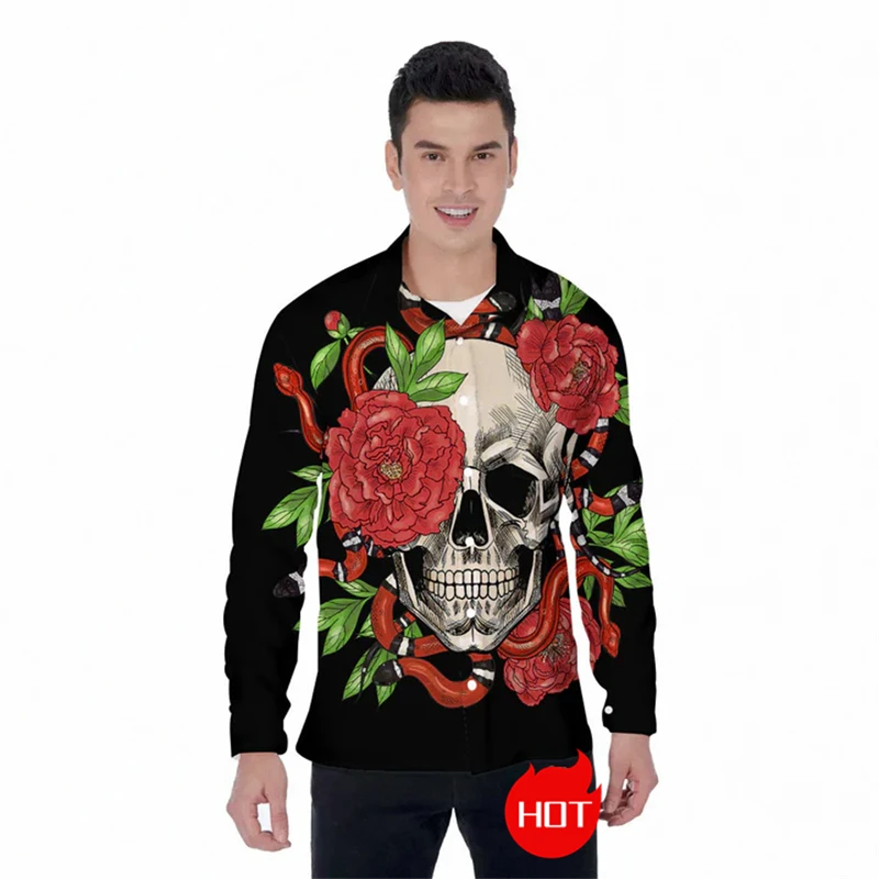 2024 Spring And Autumn Skull Graphic Lapel Blouse Fashion Skeleton Design Long Sleeve Shirts For Men Clothes Skulls Unisex Tops